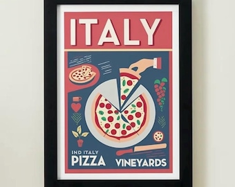 Italy Food Travel Poster A3 – Retro Pizza Wall Art Print with Italian Vineyards – Vintage Kitchen Decor for Food Lovers & Italy Fans