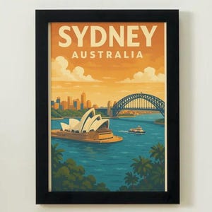 Sydney Australia Travel Poster – Vintage Wall Art Print of Opera House & Harbour Bridge, Retro Cityscape Illustration, Australian Souvenir D
