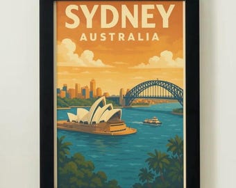 Reseposter till Sydney, Australien – Vintage väggkonsttryck av Operahuset och Harbour Bridge, Retro stadsbildsillustration, Australiensisk souvenir