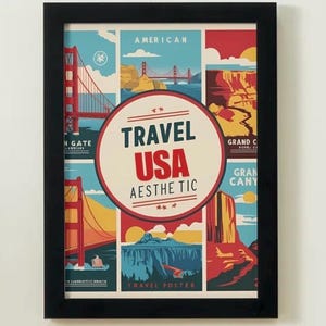 Poster de voyage aux États-Unis – impression d'art murale vintage de parcs nationaux | Décoration esthétique de voyage en Amérique rétro | Pont du Golden Gate, Grand Canyon, Yosemit