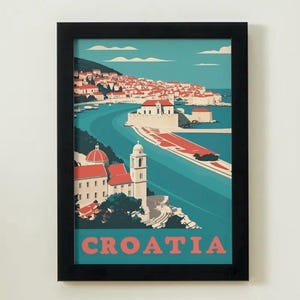 Póster imprimible de viaje a Croacia: arte mural de Dubrovnik, impresión vintage de viaje a Europa, descarga digital de paisaje costero, decoración retro de Croacia