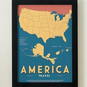 Póster de mapa de viaje de EE. UU.: arte mural minimalista de los estados americanos / decoración vintage para viajes por carretera en EE. UU. / impresión moderna de mapa de Estados Unidos para oficina u hogar