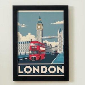 London Reiseplakat - Vintage Doppeldeckerbus & Big Ben Wandkunst, Retro-UK City Print, Britisches Wahrzeichen, London Poster Geschenk
