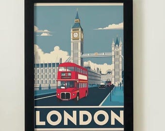 Poster de voyage à Londres - bus à impériale vintage et oeuvre d'art murale Big Ben, impression rétro de la ville du Royaume-Uni, décor de monument emblématique britannique, cadeau affiche de Londres