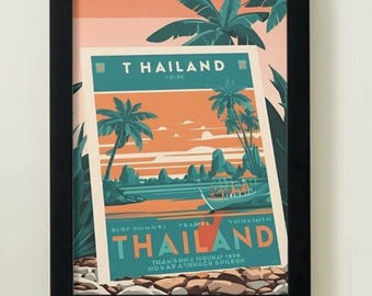 Op de afbeelding: Een ingelijste reisposter met een gestileerde illustratie van Thailand met palmbomen, een boot op het water en rotsachtig terrein. Het kleurenpalet bevat tinten oranje, blauwgroen en crème. De tekst THAILAND staat boven- en onderaan.