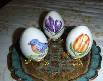 Vintage West German Easter Egg Trio. Iris c 1983, Tulip c 1984 and Blue Bird c 1988. w/Stand.Brocante.#2