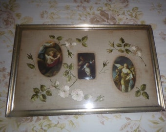 Vintage Religious French Hand Work/Fret Work Roses adorned Framed Saint Pictures.Brocante.