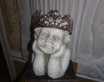 Sweet Shabby Thinker/Ponderer Child,Cherub/Putti Concrete/plaster Bust.W/Crown.Nordic Brocante.