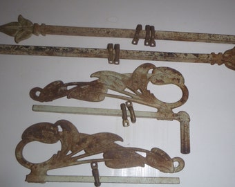 Vintage Shabby Rustic Metal Chippy White Old Curtain Rods.Window Finials.Unique Brocante.