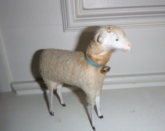 Vintage Shabby 5 1/4"  Awesome German Putz Sheep.Nativity Lamb w/Bell Nordic Brocante..#1