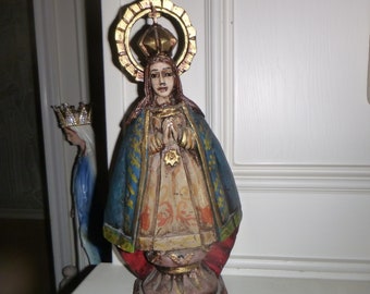 Vintage Religious Folk Art Glorious Wood Carved Painted Madonna Figure/Plaque w/Angels and Halo/Crown.