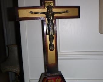 Vintage Religious Art Deco Old European Wooden Painted Cross/Crucifix w/Bronze Corpus of Jesus Christ.Belgium Icon.#1