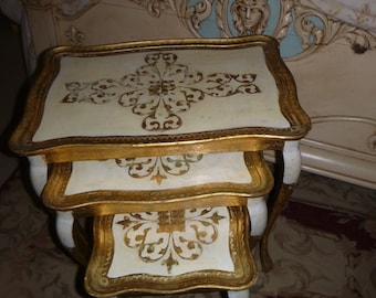 Vintage Stunning Hollywood Regency. Set of Chic Ornate Scrolled Florentine Gilt Wood Nesting Tray Tables .Brocante #2