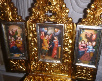 Vintage Religious 15" Glorious Hand Painted Images. Christian/Catholic Wood Carved Holy Triptych Church Icon.