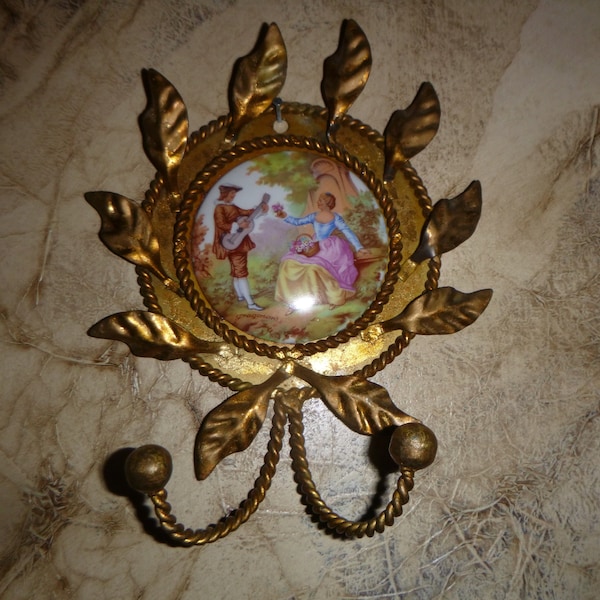 Vintage Chic Hollywood Regency Italian Gold Gilded Ornate Cameo Adorned Tole/Boudoir Hanger/ Hook.#2