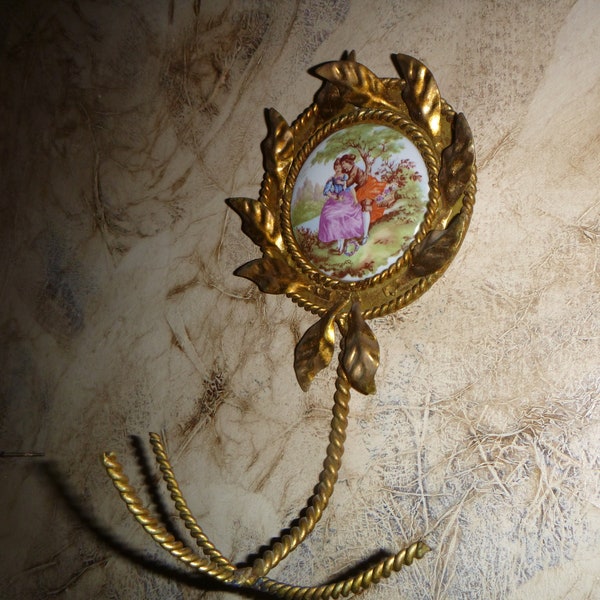 Vintage Italian Romantic Era Hollywood Regency  Gold Gilded 3 Hanger Figural Tole Hook w/Cameo.Signed.#1