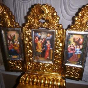 Vintage Religious 15&quot; Glorious Hand Painted Images. Christian/Catholic Wood Carved Holy Triptych Church Icon.