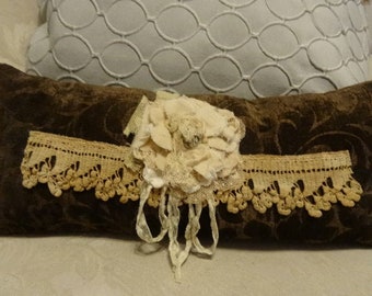 Vintage Shabby Cottage Hand Made Petite Boudoir old lace adorned Throw Pillow.Brocante.