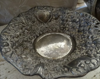 Vintage Ornate Raised Metal/Pewter Elaborate Design Victorian Bowl Shabby Brocante..