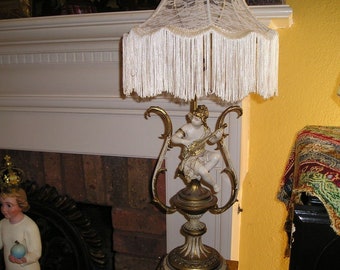 Antique French Figural Parlour/Boudoir Lamp.Musical Lady Dresser Light .Glamorous Metal Accent Lamp.