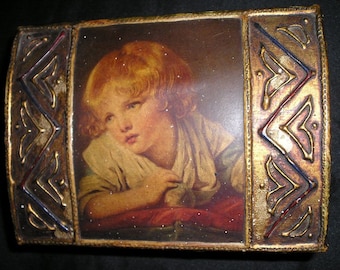 Vintage Nostalgic Old Florentine Carved Boudoir/Vanity Jewelry,Trinket Box w/Young Girl Pix.Top.