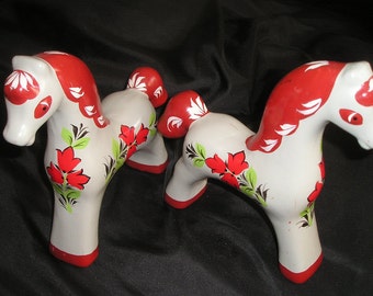 Vintage Folk Art PR.Hand Made&Painted Wood Carved Horses Ethnic Home Holiday Decor Toys Mint