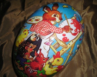 Vintage XL. 10" German Echt Erzgebirge Easter Egg/Candy Container Busy Gritters,Colourful Paper Mache Egg . Fab.