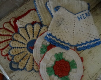 Vintage set 9 Hand Made Shabby Doilies Primitive Kitchen Hand Crocheted Pot Holders.Very Nice Brocante.