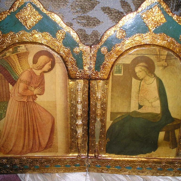 Reserved for Lesley.Beautiful Italian Florentine Religious Diptych Icon The Annunciation/ Virgin Mary gilt wood Book like