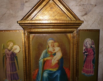 Vintage Extra Lg Religious Fra.Angelico The Virgin&Child Old Italian Florentine Triptych.23" Wall Art.