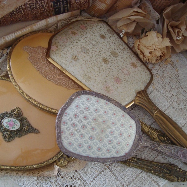 Vintage Set 4 Shabby Ornate Metal Vanity Mirrors and Brush Cottage chic