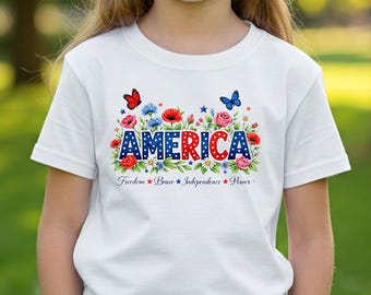 Floral America Youth T-Shirt: Patriotic Independence Day Tee