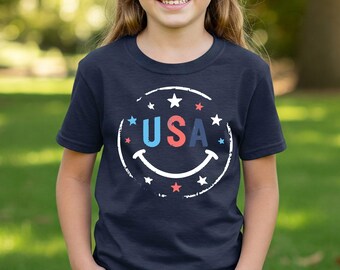 Retro USA Smiley Face Youth T-Shirt: Patriotic 4th of July Tee