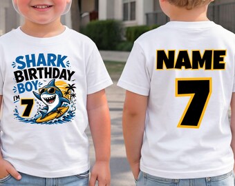 Personalized Shark Birthday Shirt Custom Name Age Surfing Shark Kids Party Tee
