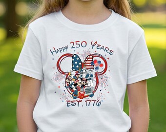 Camiseta infantil de feliz 250 aniversario, vacaciones familiares de Mickey (1776-2026), camiseta patriótica para niños.