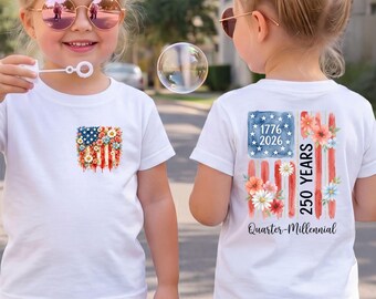 Camiseta infantil Quarter Millennial Floral 1776 2026 4 de julio para niñas 250 años