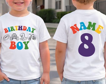 Chemise d'anniversaire personnalisée pour garçon, nom personnalisé, t-shirt d'anniversaire pour enfants, camion de dinosaure, vélo de football