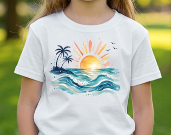 Chemise de plage coucher de soleil tropical pour enfants : t-shirt à imprimé vagues d'été