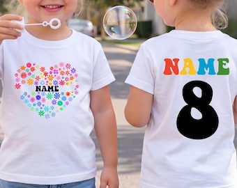 Chemise d'anniversaire personnalisée pour fille, nom personnalisé, âge, coeur floral, t-shirt d'anniversaire pour enfants