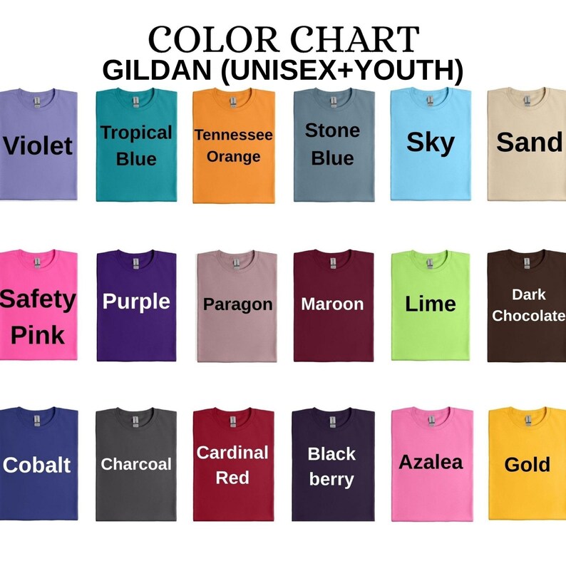 May include: A Gildan unisex and youth colour chart featuring eighteen folded t-shirts in various colours including violet, tropical blue, orange, stone blue, sky, sand, safety pink, purple, paragon, maroon, lime, dark chocolate, cobalt, charcoal, red, blackberry, azalea, and gold.