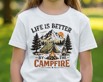 Youth Campfire T-Shirt: Mountain Tent Graphic Tee Outdoor Adventure Shirt