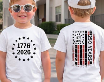 1776 2026 Youth Patriotic Shirt USA 250 Years Distressed Flag Kids Fourth July Tee