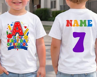 Kids First Day of School Shirt with Name and Age – Personalized Rainbow Alphabet Tee