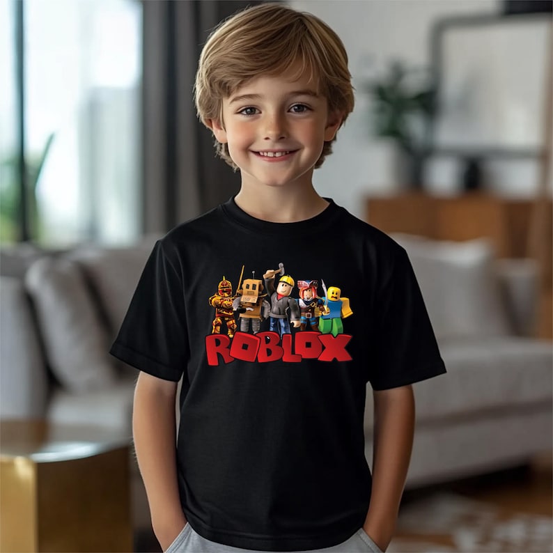 a young boy standing in front of a couch wearing a roblox shirt