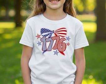 Kids 1776 Patriotic Shirt: Faux Embroidery Gingham Bow Tee
