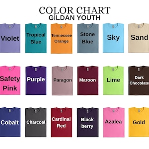 Puede incluir: Una carta de colores de camisetas Gildan Youth, que muestra una variedad de colores que incluyen Violeta, Azul Tropical, Naranja Tennessee, Azul Piedra, Cielo, Arena, Rosa de Seguridad, P&uacute;rpura, Paragon, Granate, Lima, Chocolate Oscuro, Cobalto, Carb&oacute;n, Rojo Cardenal, Mora, Azalea y Oro.