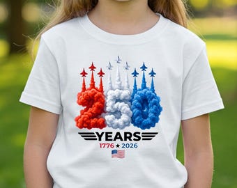Camiseta infantil 250 años de Estados Unidos, espectáculo aéreo a reacción 1776-2026, camiseta patriótica para niños y jóvenes.