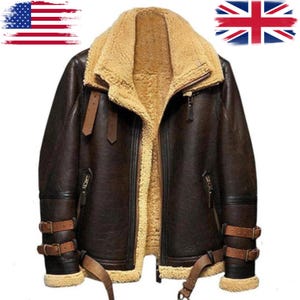 Handmade Men’s Brown B3 Sheepskin Aviator Jacket Vintage Flight Leather Jacket Shearling Fur Coat Winter Gift for Him Pilot Bomber Jacket