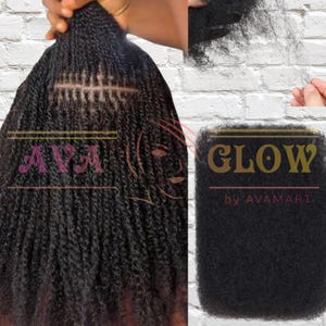 May include: Image of black hair extensions, featuring a braided texture. The photo shows a section of the hair being held, and a separate bundle of the extensions. The text "GLOW by AVAMART" is displayed on the product.