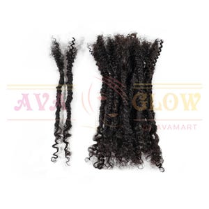 May include: Dark brown curly hair extensions, arranged in two sections against a white background. The hair is tightly curled, with a natural texture. The image is well-lit, highlighting the hair's volume and color. The text "AVAGLOW AVAMART" is visible in the image.